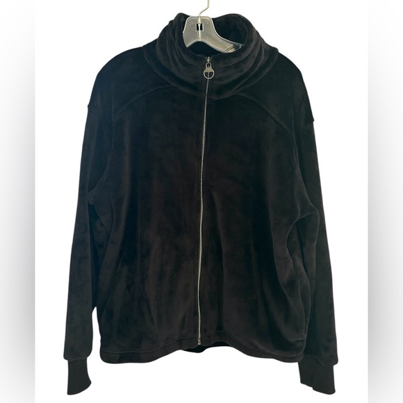 Athleta Double Cozy Karma Recover Plush Velour Black Zip Up Jacket Size L - Picture 1 of 6